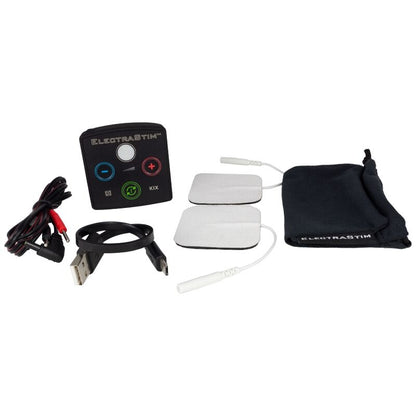 Stimolatore sessuale Electrastim KIX con pulsanti e elettrodi in silicone, design compatto e moderno, vista dall'alto.