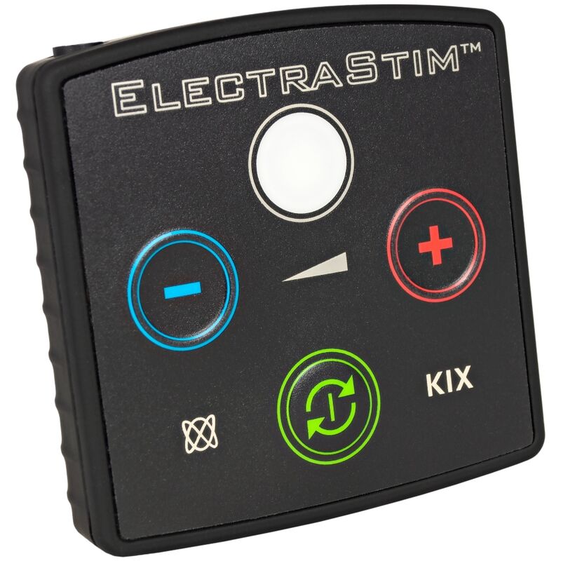 Stimolatore sessuale Electrastim Kix con elettrodi e cavi, dispositivo compatto e professionale per stimolazione elettrica.