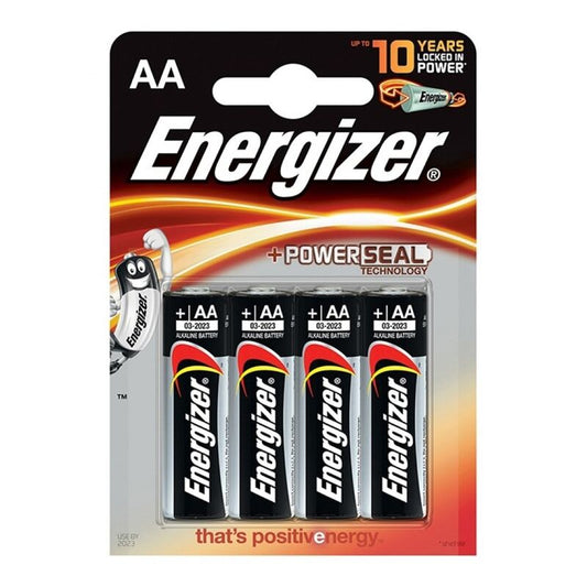Pile alcaline AA LR6 Energizer, confezione da 4 batterie, ideale per dispositivi elettronici domestici.