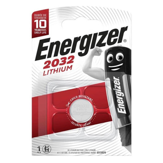 Pila a bottone CR2032 da 3V di Energizer, batteria al litio compatibile con dispositivi elettronici.