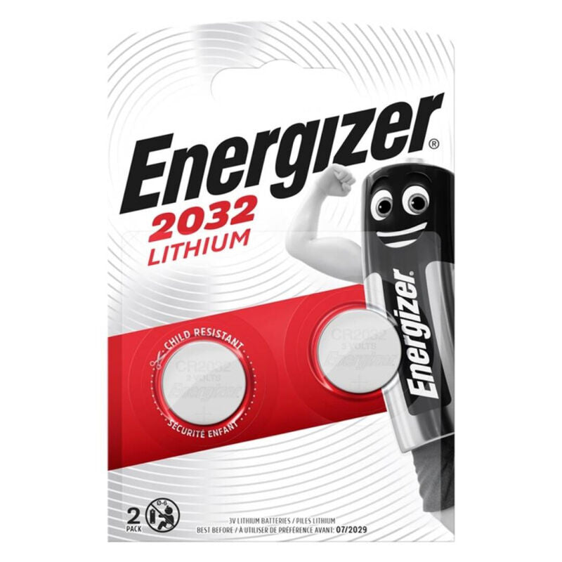 Batterie al litio ENERGIZER CR2032 da 3V, confezione da 2 unità, visibili in immagine con etichette e contatti metallici
