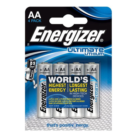 Pacco da 4 batterie alcaline AA Energizer Ultimate Litio L91 LR6 da 1,5V, immagini delle batterie con etichette e polarità visibili