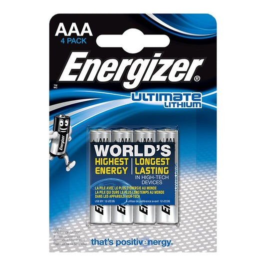 Pile alcaline AAA Energizer Ultimate Lithium LR03 1,5V, confezione da 4 batterie, visibili in primo piano.