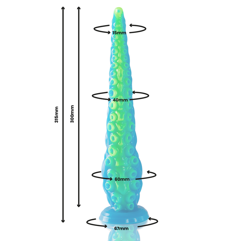 Dildo fluorescente EPIC con tentacoli sottili, forma grande e dettagli realistici, ideale per stimolazione e gioco erotico.