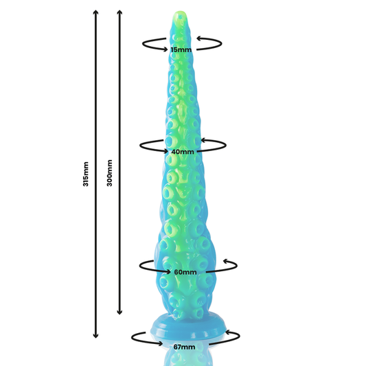 Dildo fluorescente EPIC con tentacoli sottili, forma grande e dettagli realistici, ideale per stimolazione e gioco erotico.