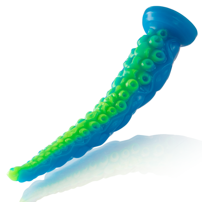 Dildo fluorescente EPIC con tentacoli sottili a forma di scilla, grande dimensione, dettagli colorati e realistici.