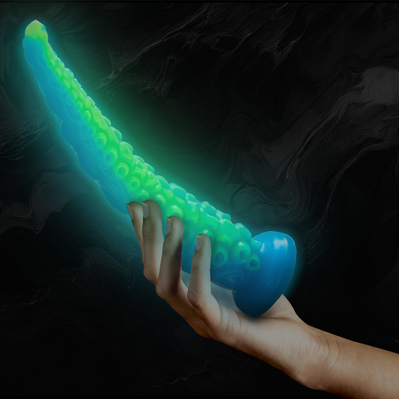 Dildo fluorescente EPIC con tentacoli sottili di Scylla, grande dimensione, dettagli colorati e realistici per uso erotico.