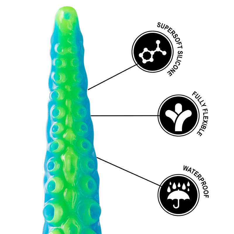 Dildo fluorescente EPIC con tentacoli sottili di Scylla, grande dimensione, superficie luminosa e dettagli realistici.