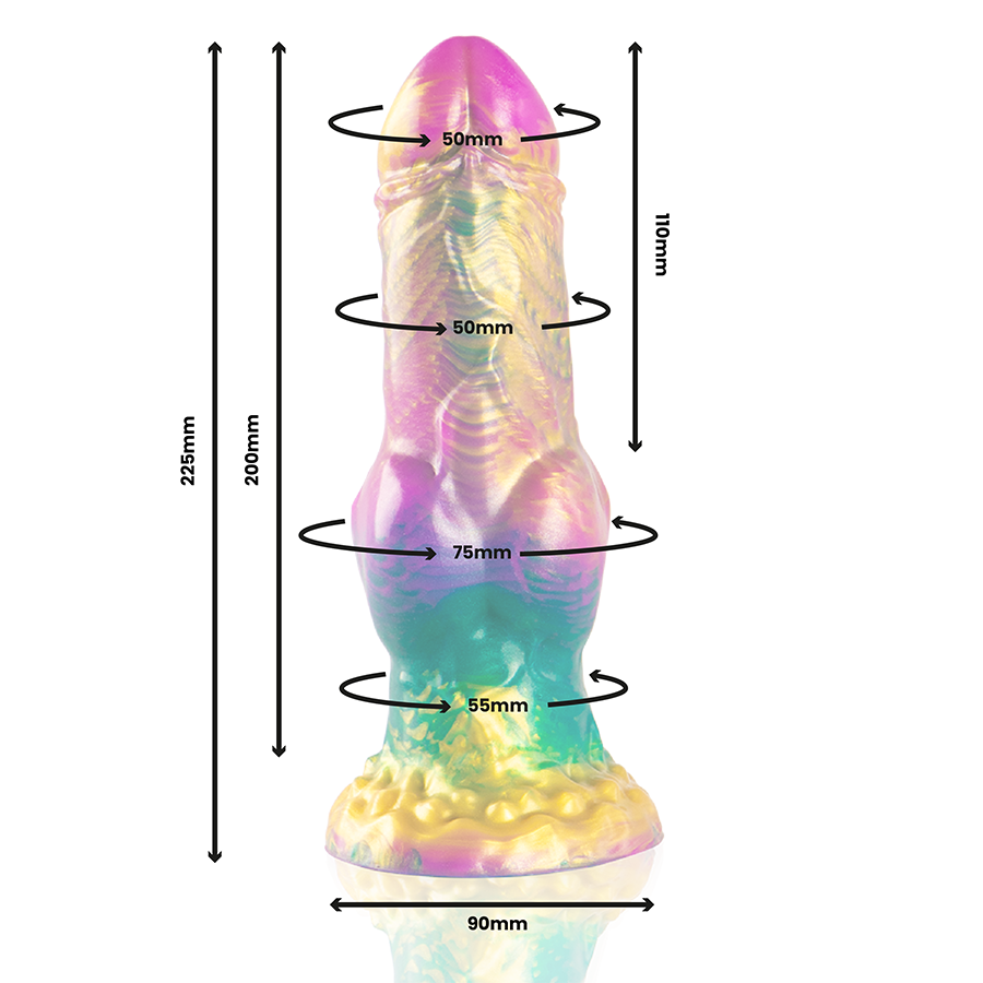 Dildo EPIC Iris con testicoli arcobaleno di piacere, silicone morbido, dettagli realistici, colore vivace, design anatomico.