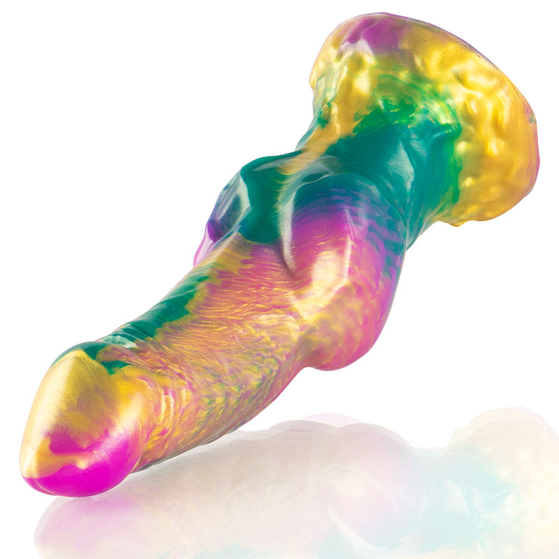 Dildo EPIC Iris con testicoli arcobaleno di piacere, realistico e colorato, ideale per stimolazione e piacere intimo.