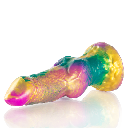 Dildo EPIC Iris con testicoli, arcobaleno di piacere, dettagli realistici e colori vivaci, ideale per stimolazione e piacere.