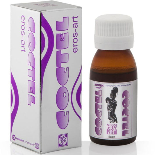 Bottiglia di EROS-ART Love Cocktail Drops per donne, con etichetta colorata e gocce sul supporto bianco.