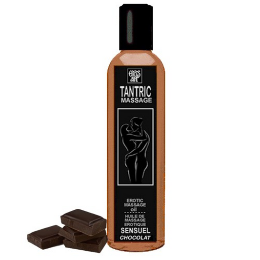Olio da massaggio tantrico naturale EROS-ART al cioccolato, 30 ml, bottiglia con etichetta colorata e tappo nero.
