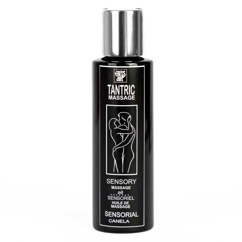 Olio da massaggio tantrico naturale EROS-ART alla cannella afrodisiaca, 100 ml, bottiglia con etichetta colorata e tappo.