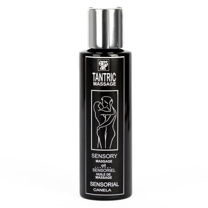 Olio da massaggio tantrico naturale EROS-ART alla cannella afrodisiaca, 100 ml, bottiglia con etichetta colorata e tappo.