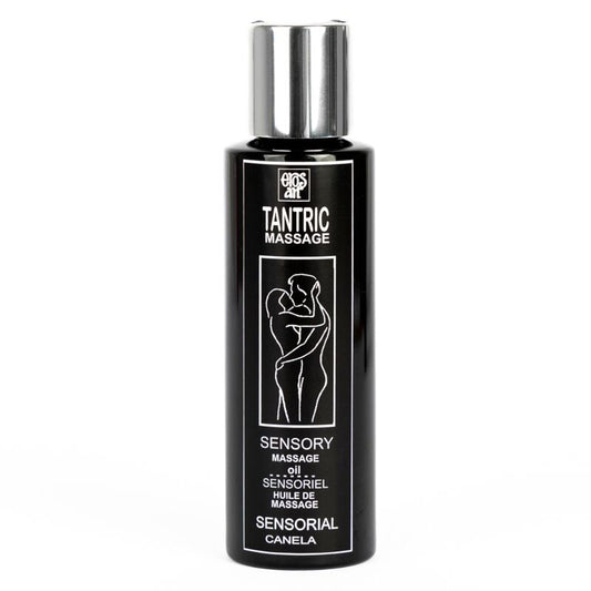 Olio da massaggio tantrico naturale EROS-ART alla cannella afrodisiaca, 100 ml, bottiglia con etichetta colorata e tappo.