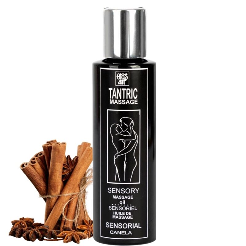 Olio da massaggio tantrico naturale EROS-ART alla cannella, bottiglia da 100 ml, ideale per massaggi afrodisiaci e rilassanti.