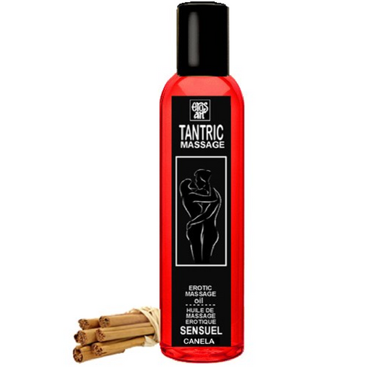 Olio da massaggio tantrico naturale alla cannella EROS-ART, flacone da 30 ml con etichetta e tappo in evidenza.
