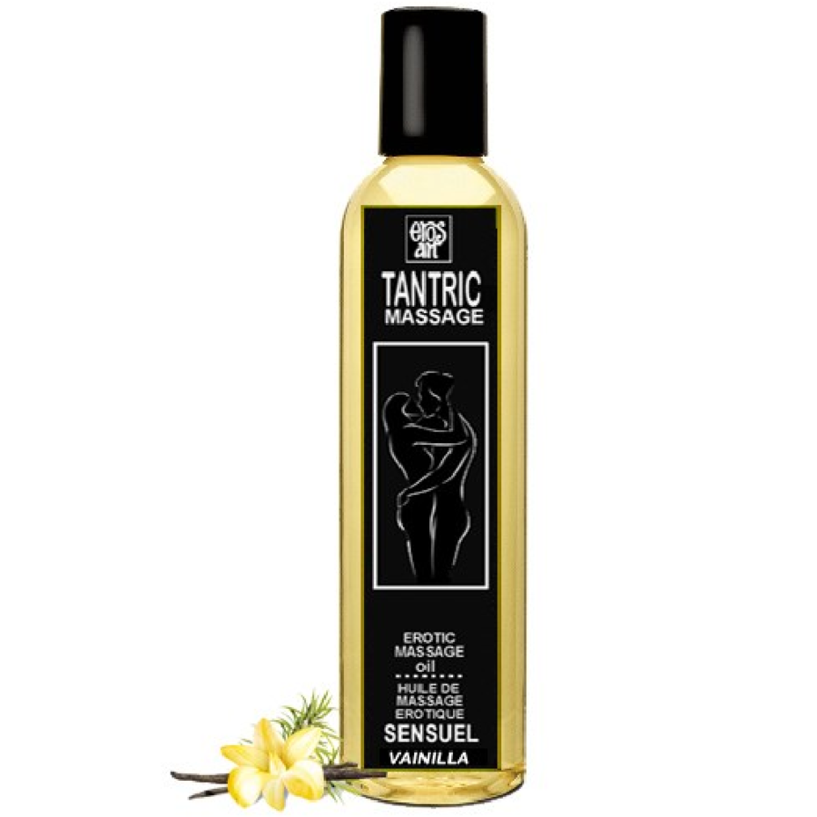 Olio da massaggio tantrico naturale EROS-ART con aroma di vaniglia afrodisiaca, bottiglia da 30 ml, liquido morbido e setoso.