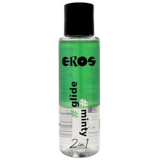 Lubrificante a base di silicone EROS 2 in 1 Glide Minty, flacone da 100 ml, con etichetta con logo e dettagli del prodotto.