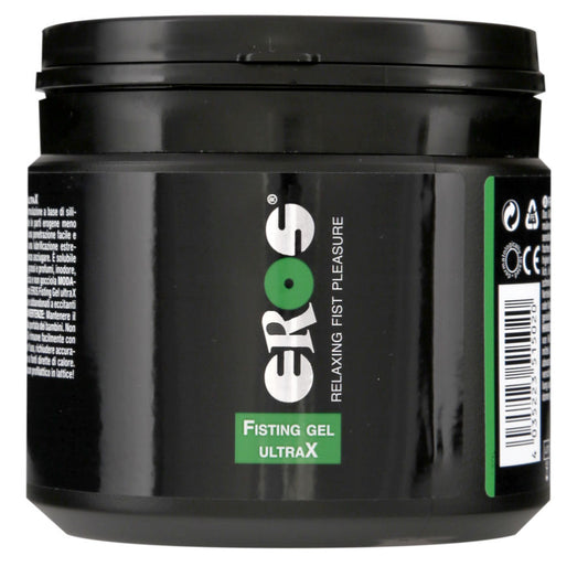 Gel lubrificante rilassante EROS Classic Line per analfisting, bottiglia da 500 ml, con etichetta e tubo trasparente.