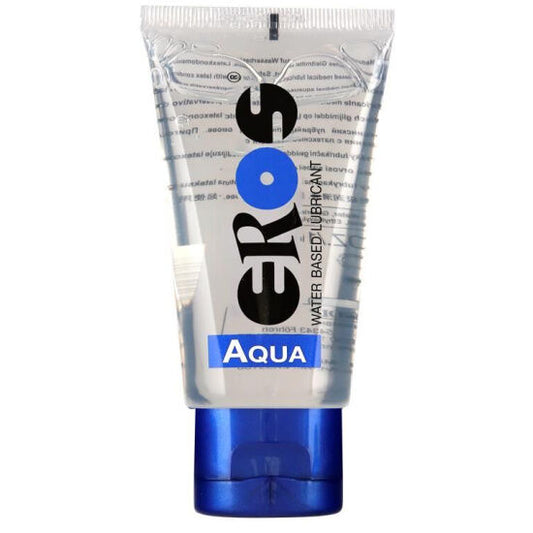Lubrificante a base acqua EROS AQUA di EROS CLASSIC LINE, bottiglia da 50 ml, con etichetta e tubo di lubrificante.