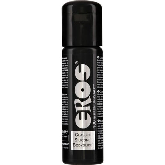 Gel lubrificante in silicone EROS Classic Line, Bodyglide classico da 100 ml, visibile nella bottiglia con etichetta blu.