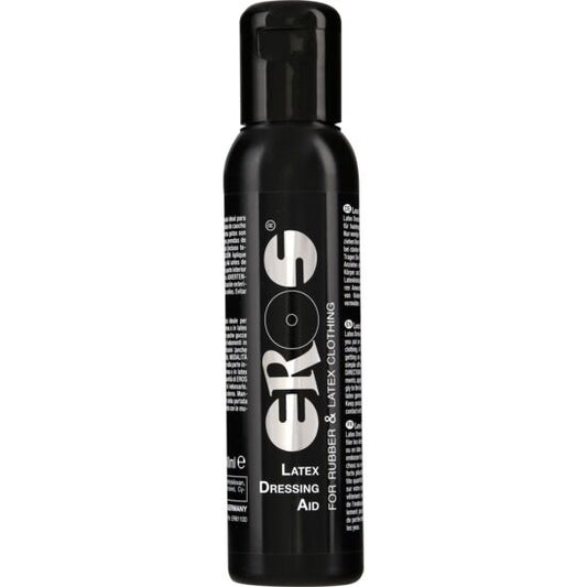 Flacone da 100 ml di EROS Classic Line Latex, aiuta a indossare capi in lattice, mostra il prodotto in primo piano