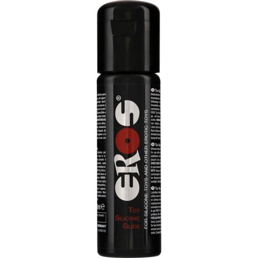 Lubrificante in silicone EROS CLASSIC LINE per giocattoli, bottiglia da 100 ml, etichetta con logo e dettagli del prodotto.