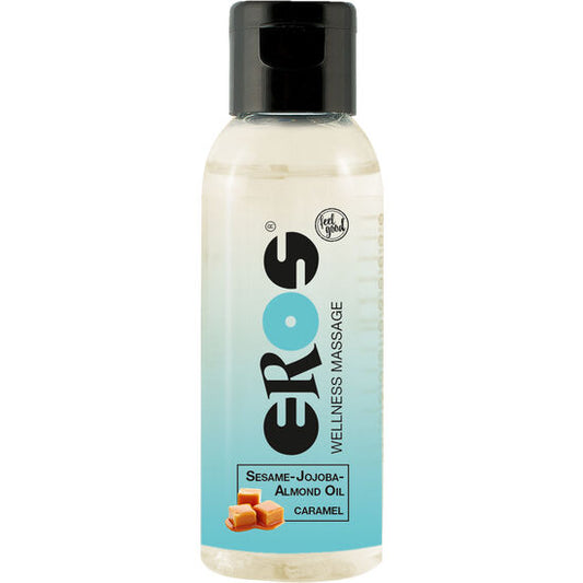 Olio da massaggio EROS Classic Line alla caramello, 50 ml, bottiglia con etichetta colorata e tappo.