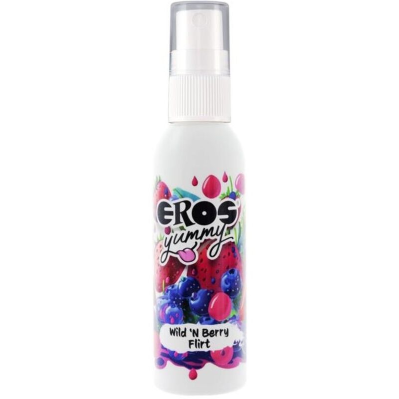 Spray caporale selvaggio e bacche Flirt EROS YUMMY, bottiglia da 50 ml, con etichetta colorata e dettagli del prodotto.