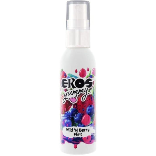Spray caporale selvaggio e bacche Flirt EROS YUMMY, bottiglia da 50 ml, con etichetta colorata e dettagli del prodotto.