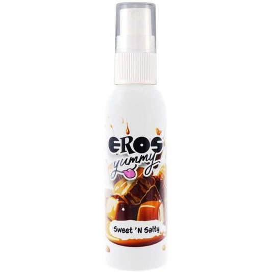 Spray corporale EROS YUMMY DOLCE E SALATO della linea EROS CLASSIC, flacone da 50 ml e etichetta colorata.
