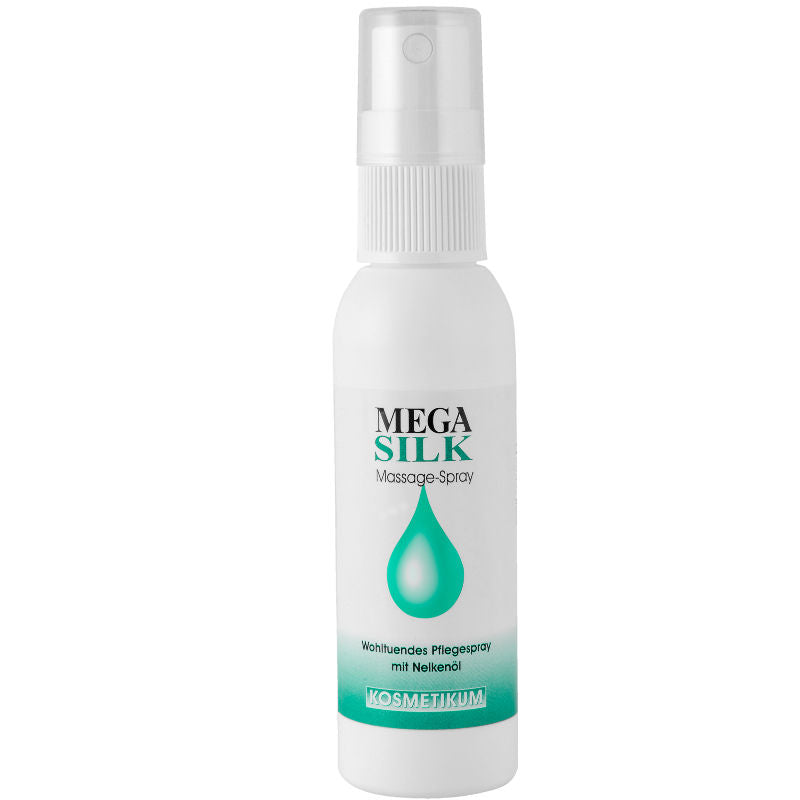 Spray massaggio EROS MEGASILK, 50 ml, flacone con spray per relax e benessere, prodotto per massaggi.