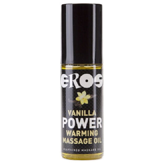 Olio da massaggio riscaldante EROS POWER LINE, 100 ml, bottiglia con etichetta blu e istruzioni sul prodotto
