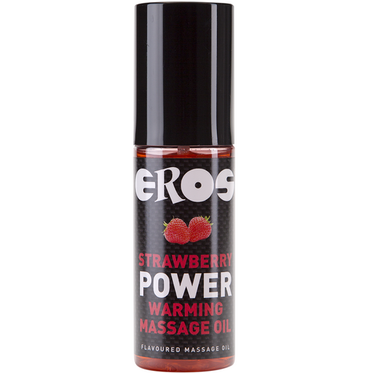 Olio da massaggio riscaldante EROS POWER LINE alla fragola, bottiglia con etichetta e tappo, per massaggi rilassanti e riscaldanti