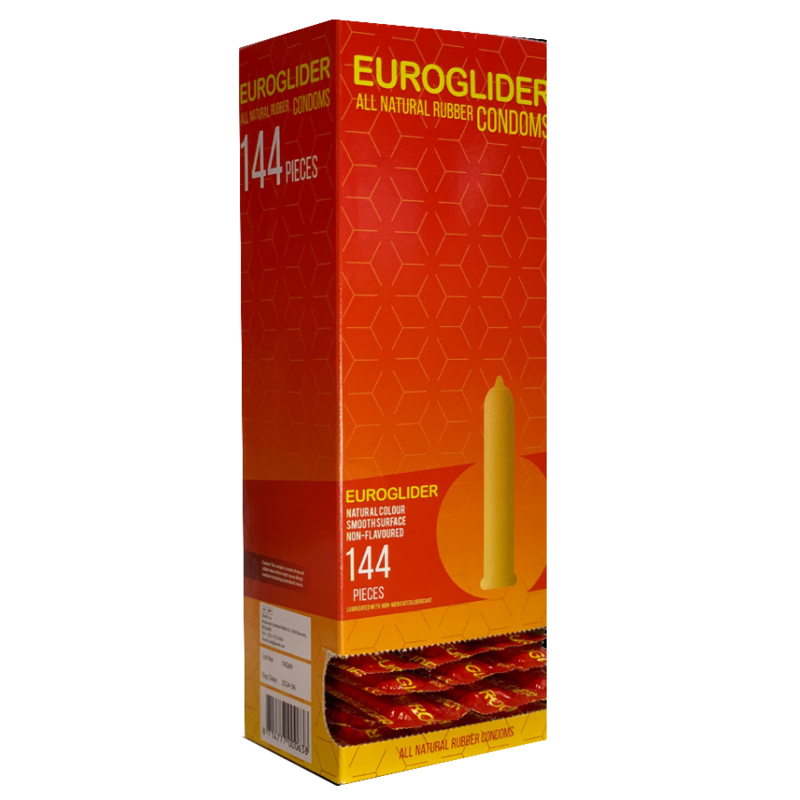 Preservativi EUROGLIDER da 144 pezzi, confezione con preservativi in lattice, confezionati singolarmente per sicurezza e comfort.