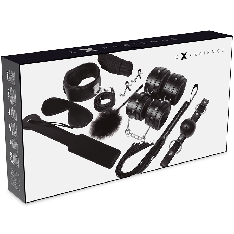 Kit BDSM fetish nero EXPERIENCE, inclusi accessori e strumenti per giochi di ruolo e intimità, in stile elegante e discreto.
