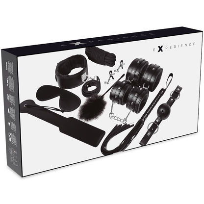 Kit BDSM fetish nero EXPERIENCE, inclusi accessori e strumenti per giochi di ruolo e intimità, in stile elegante e discreto.