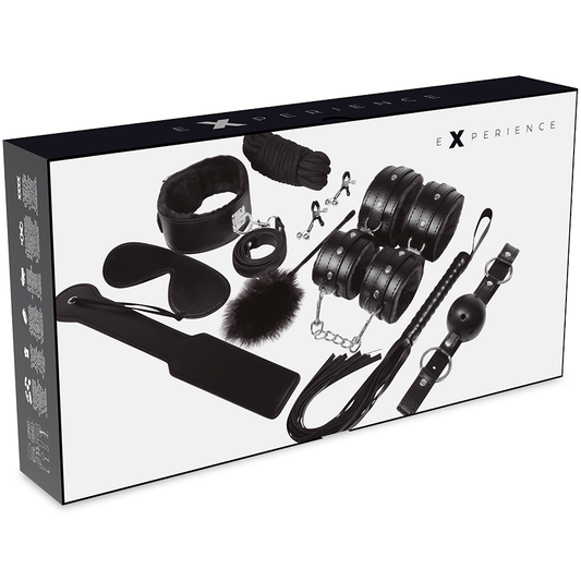 Kit BDSM fetish nero EXPERIENCE, inclusi accessori e strumenti per giochi di ruolo e intimità, in stile elegante e discreto.