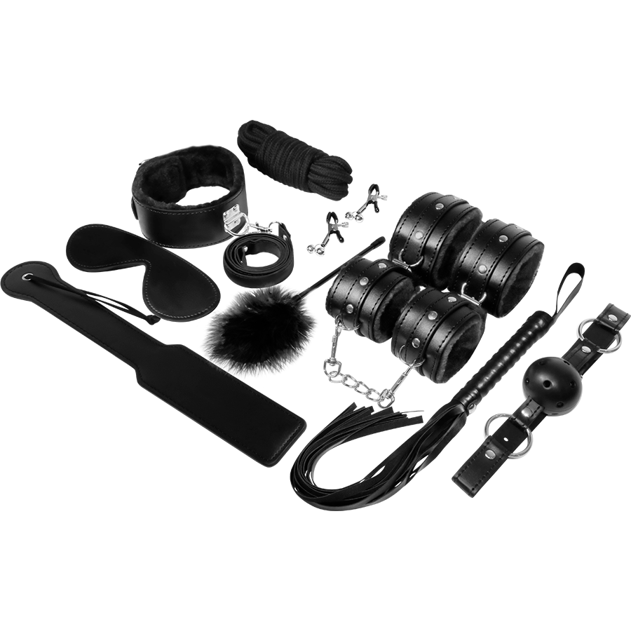 Kit fetish BDSM nero EXPERIENCE con manette, fruste e accessori in pelle per giochi di ruolo e bondage.