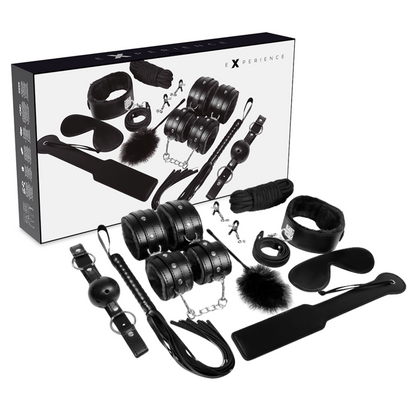 Kit fetish BDSM nero EXPERIENCE, con accessori per giochi di ruolo e dominazione, in stile elegante e resistente.