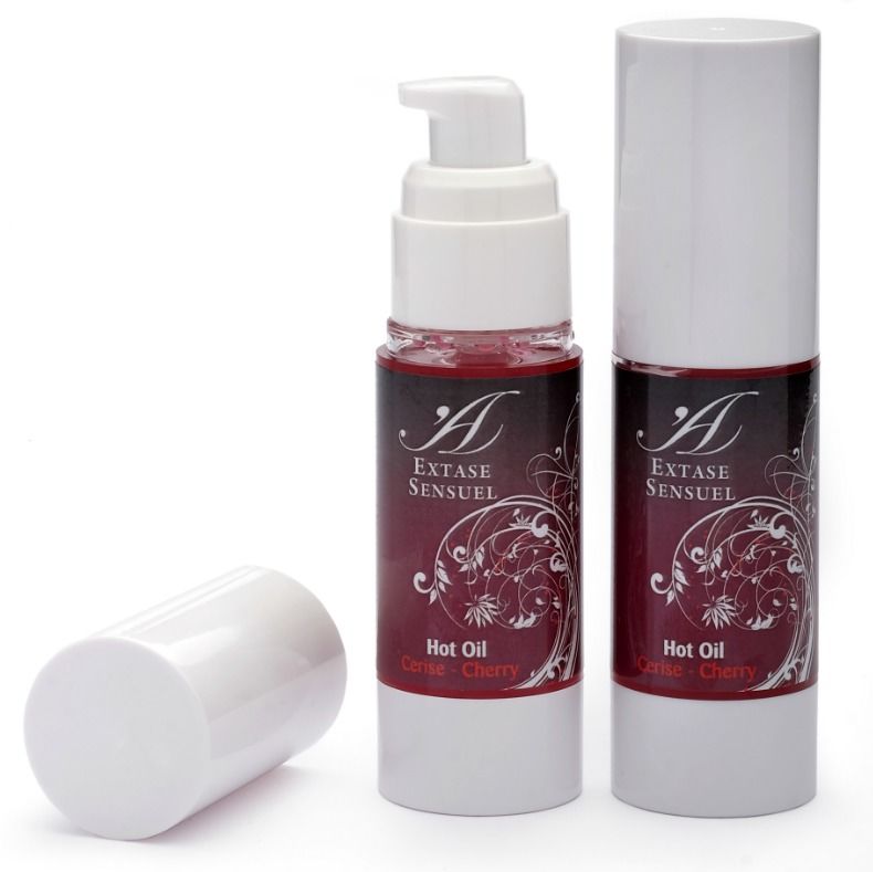 Olio calore stimolante alla ciliegia EXTASE SENSUAL, bottiglia da 30 ml con etichetta rossa e dettagli del prodotto.