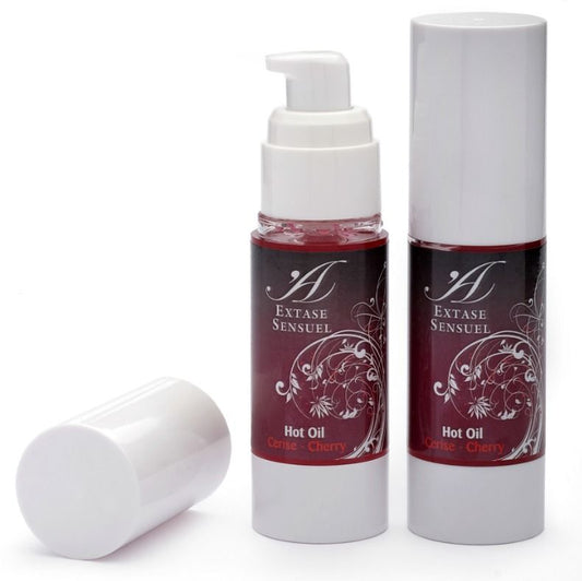 Olio calore stimolante alla ciliegia EXTASE SENSUAL, bottiglia da 30 ml con etichetta rossa e dettagli del prodotto.