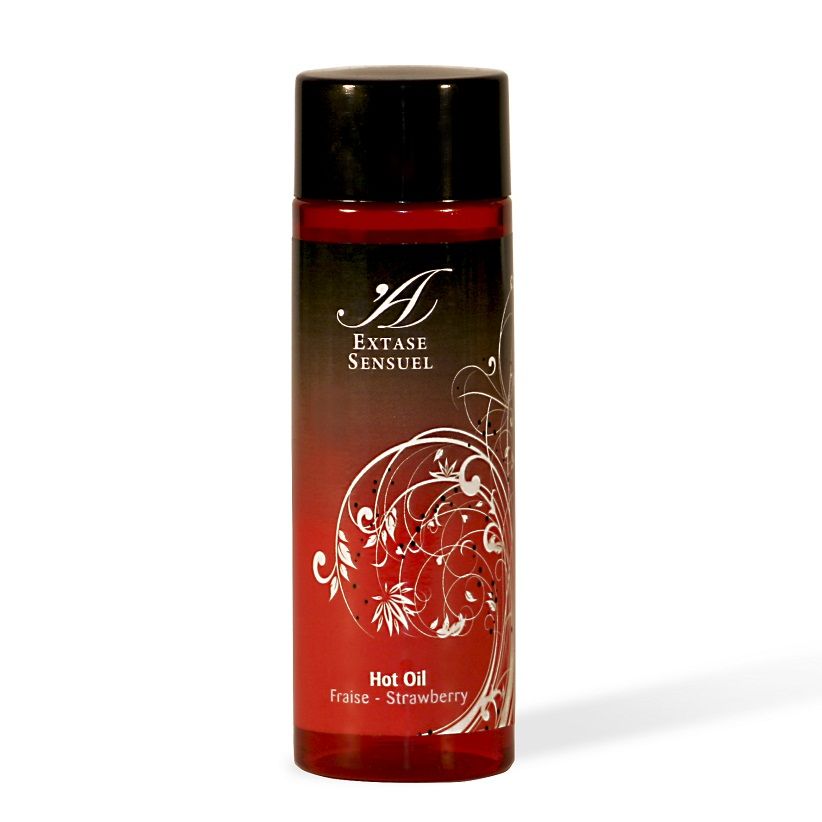Olio calore stimolante alla fragola di EXTASE SENSUAL, bottiglia da 100 ml con etichetta colorata e design attraente.