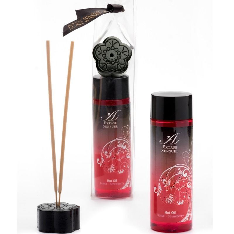 Olio calore stimolante alla fragola EXTASE SENSUAL, bottiglia da 100 ml con etichetta colorata e design elegante.
