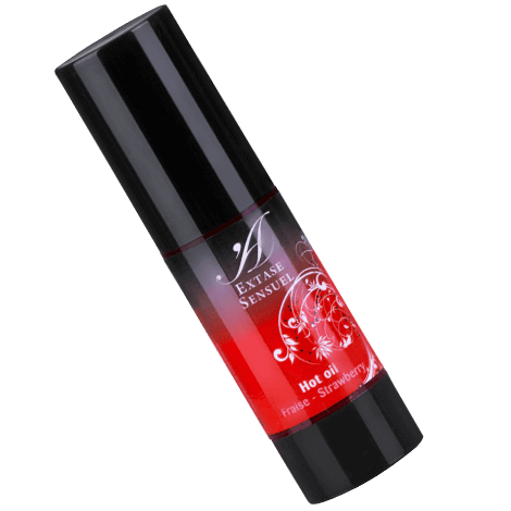 Olio calore stimolante alla fragola di 30 ml di EXTASE SENSUAL, bottiglia con etichetta rossa e dettagli di fragola.