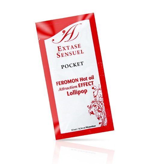 Olio da massaggio EXTASE SENSUAL ai feromoni con effetto calore, 10 ml, in flacone con etichetta colorata e tappo nero.
