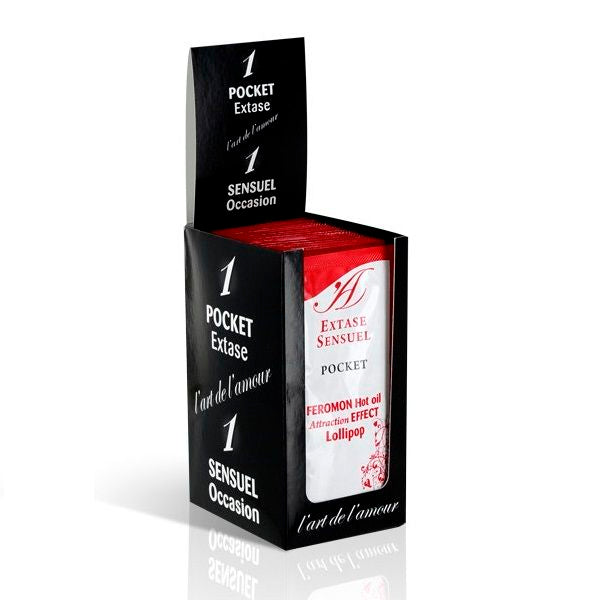 Olio da massaggio EXTASE SENSUAL ai feromoni con effetto calore, bottiglia da 10 ml, ideale per massaggi sensuali.