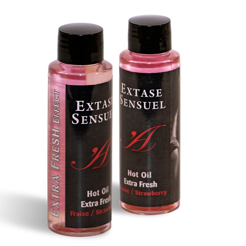 Olio da massaggio EXTASE SENSUAL con effetto fragola extra fresco, 100 ml, bottiglia con etichetta rossa e design elegante.